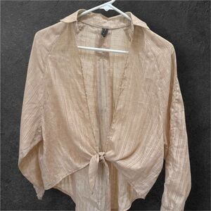 Valija Tan Long Sleeved Overshirt with Tie-Front Blouse-Size XSmall